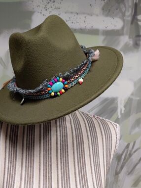 Olive Green Beaded Fedora Hat with Colorful Turquoise Accent (NWOT)